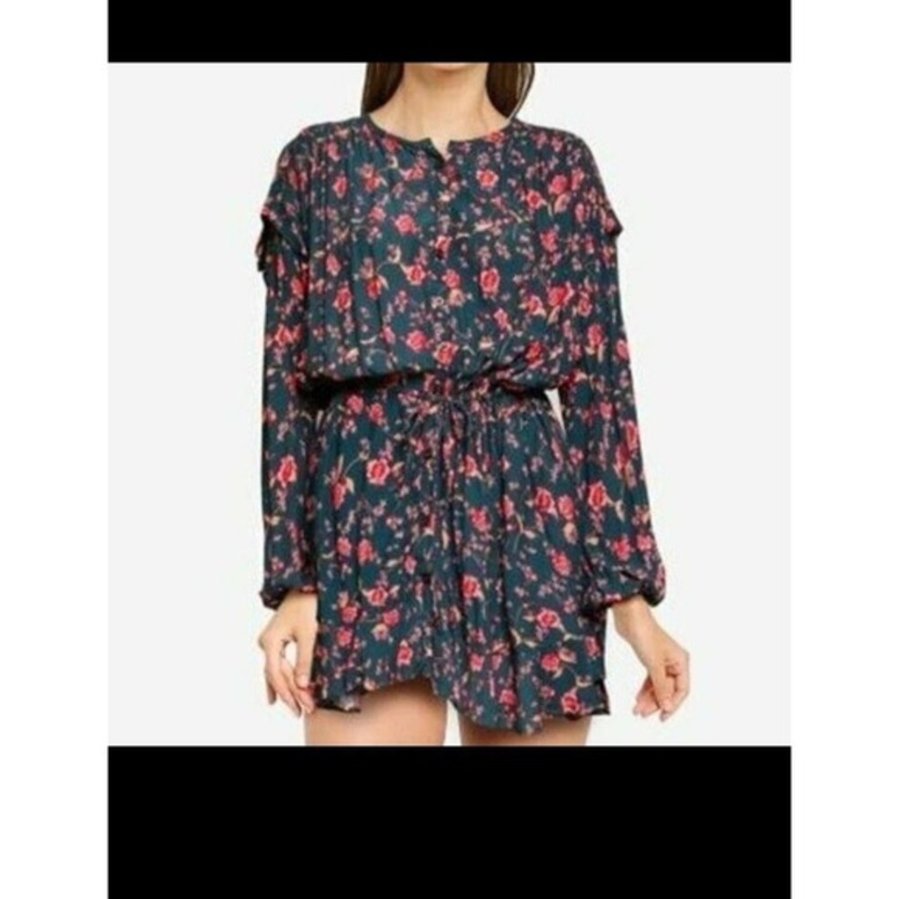 Free People‎ Emerald Combo Flower Fields Drawstring Floral Mini Dress large